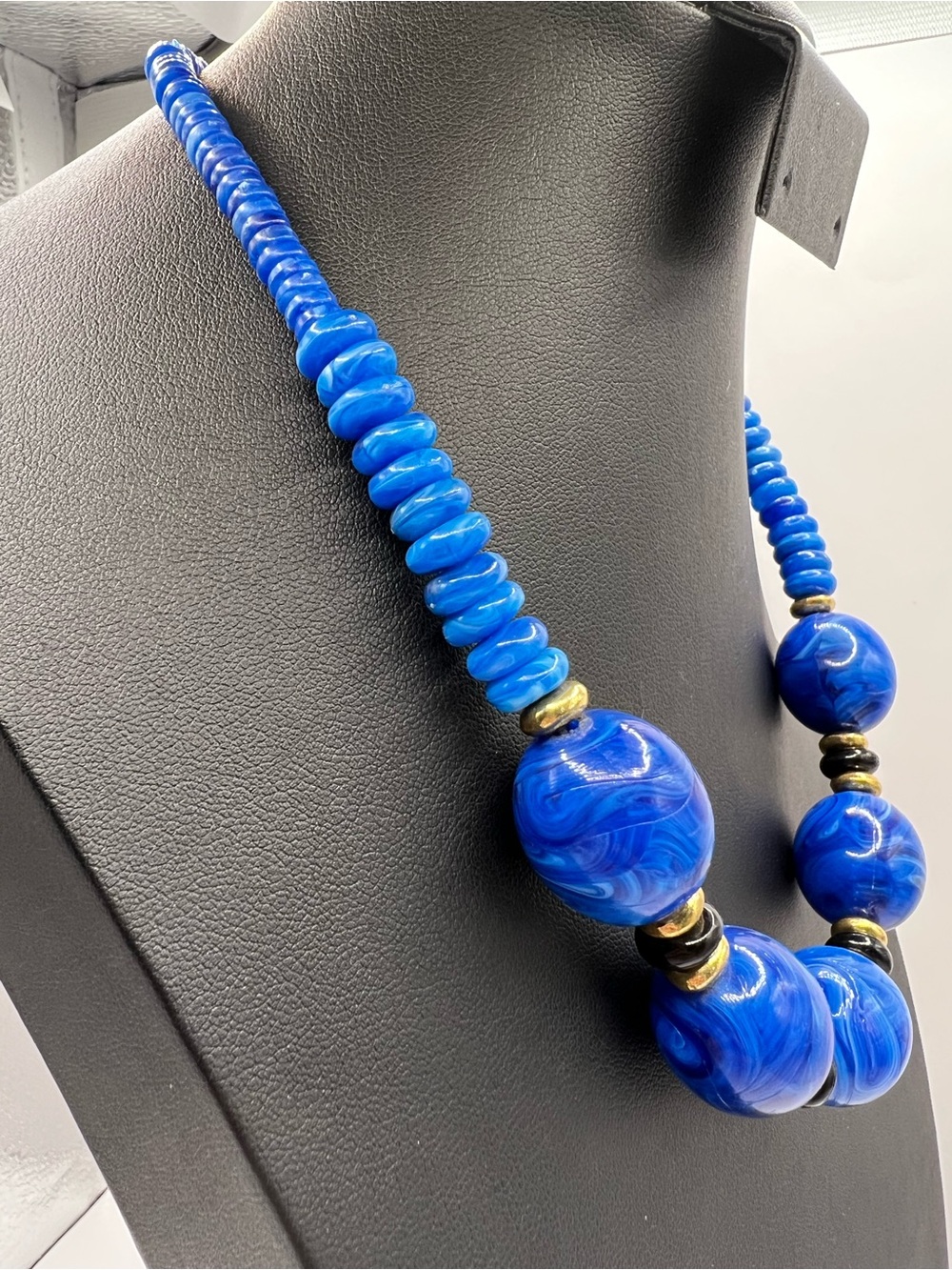 Vintage Chunky Cobalt Blue Marbled Bead Statement Necklace
